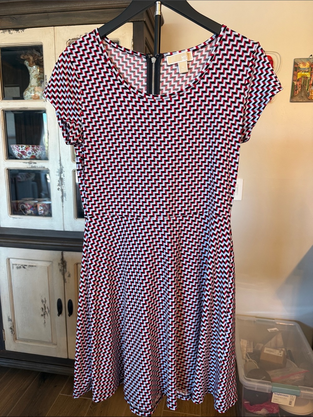 Michael Kors Womens Short Sleeve Red & Black Zigzag A-Line Dress